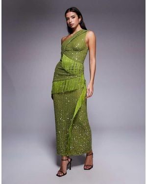 ASOS Vestido Midi Asimétrico Con Detalle Retorcido Y Paneles De Flecos De Punto Con Lentejuelas De - Verde