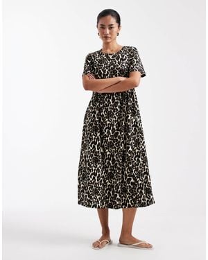 Threadbare – kurzärmliges midikleid aus jersey mit leopardenmuster - Weiß