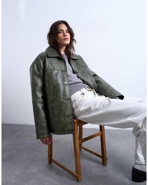 TOPSHOP Faux Leather Collar Button Up Padded Shacket - Grey