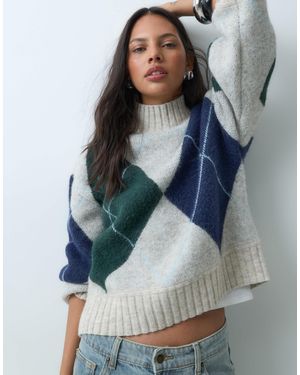 Abercrombie & Fitch Oversize-pullover mit stehkragen und argyle-muster - Blau