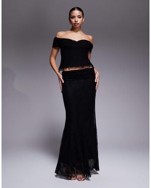 Fashionkilla Floral Lace Ruched Waist Tiered Maxi Skirt Co-ord - Black