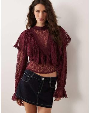 Miss Selfridge Lace Ruffle Blouse - Red