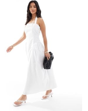4th + Reckless Petite Poplin Square Neck Halterneck Drop Waist Puff Skirt Maxi Dress - White