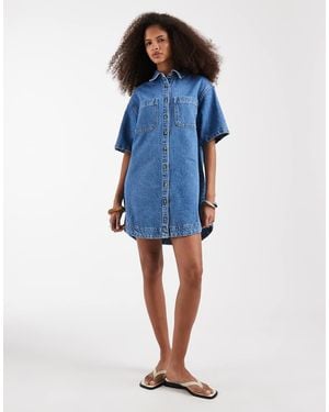 ASOS Denim Boxy Shirt Dress With Pocket Detail - Blue