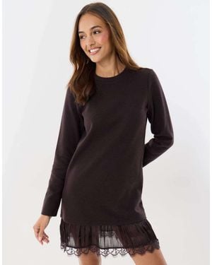 Threadbare Mini Jumper Dress With Crinkle Satin Skirt - Brown