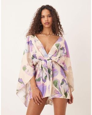 ASOS – playsuit mit abstraktem blumenmuster und extrem akzentuierten ärmeln - Pink