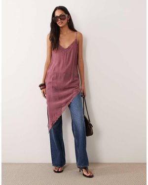 Mango Asymmetric Cami Top With Lace Trim - Pink
