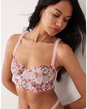Wild Lovers Suzette Embroidered Floral Mesh Bustier Bra - Pink