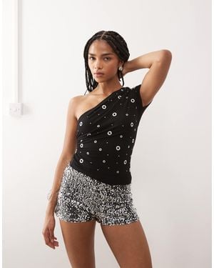 Collusion One Shoulder Extreme Eyelet Top - Black