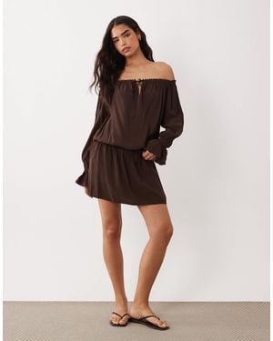 Cotton On Boho Off Shoulder Ruffle Mini Dress - Natural