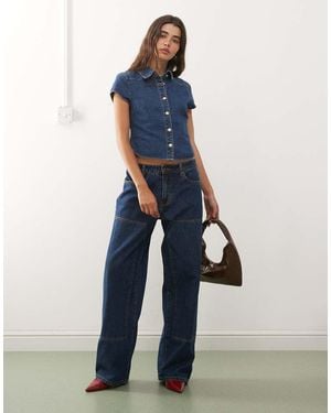 Lioness Anchor Contrast Stitch Panel Detail Wide Leg Jeans - Blue