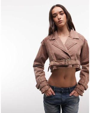 Liquor N Poker Denim Crop Biker Jacket With Belt Buckle Detail - Natural