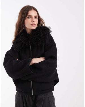 Object Zip Front Bomber Jacket With shaggy Collar - Black