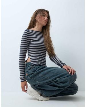 Collusion Stripe Knitted Slash Neck Top - Blue