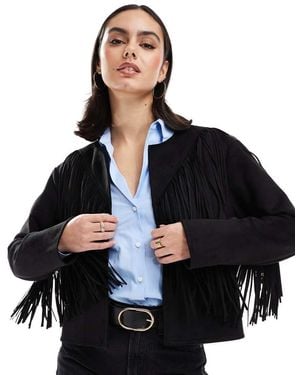 New Look Fringe Collarless Suedette Jacket - Black