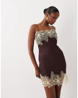 ASOS Satin Bias Lace Applique Mini Dress - Brown