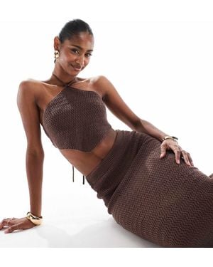4th & Reckless Knitted Halterneck Cropped Beach Scarf Top Co-ord - Brown