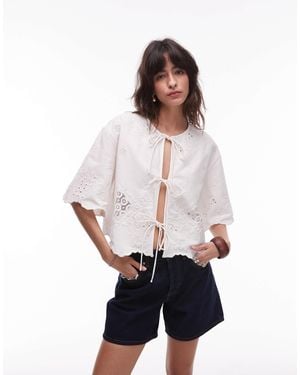 TOPSHOP Tablecloth Cutwork Tie Front Bed Jacket - White