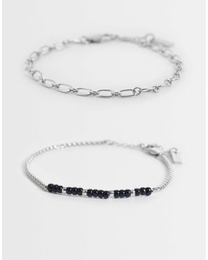 ASOS 2 Pack Oval Link And Black Beaded Rope Chain Bracelet - Gray