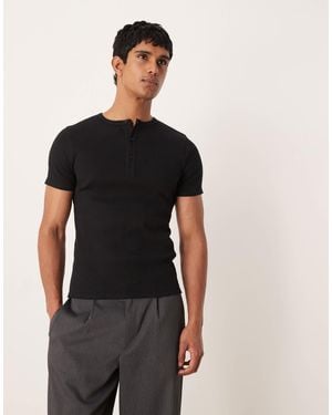 ASOS T-shirt moulant en tissu côtelé ultra épais avec col boutonné - Noir