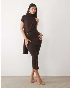 ASOS Scarf Detail Maxi Dress With Ruched Trim Waist - Brown