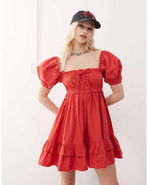 Collusion Puff Sleeve Milkmaid Mini Dress - Red