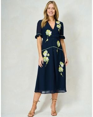 Hope & Ivy The Ingrid Floral Embroidered Midi Dress With Frill Sleeves And Button Front - Blue