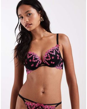 New Look Floral Embroidered Push Up Bra - Black