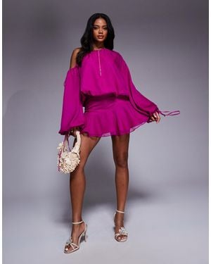 Aria Cove Chiffon Wide Sleeve Ruffle Hem Mini Dress - Pink