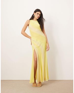 ARRANGE Racer Neck Raw Edge Paneled Maxi Dress - Metallic