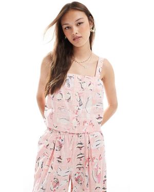 Object Top Corto Rosa Con Estampado De Peces Y Lavado Envejecido De Algodón De (Parte De Un Conjunto) - Morado