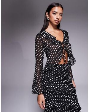 New Look Co-ord Polka Dot Ruffle Tie Blouse - Grey