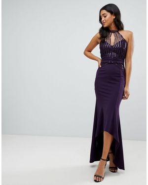Lipsy Scallop Front Sequin Maxi Dress With Asymmetric Hem - Purple
