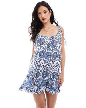 Wednesday's Girl Printed Emboidery Mini Smock Beach Dress - Blue