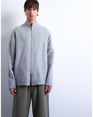 TOPMAN Double Zip Funnel Neck Cardigan - Grey
