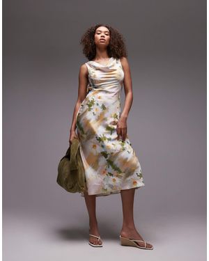 emory park – es midikleid mit verschwommenem blumenmuster und wasserfallausschnitt - Braun