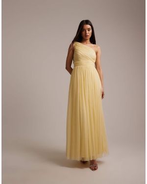 LACE & BEADS Bridesmaid Tulle One Shoulder Maxi Dress - Natural