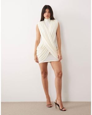 Ruched & Ready Sculpting High Neck Padded Shoulder Detail Extreme Drape Front Mini Dress - Natural