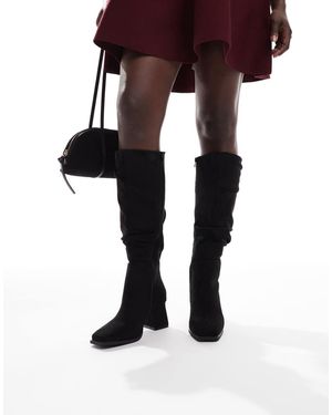SEQWL Fished Slouchy Block Heel Knee Boots - Black