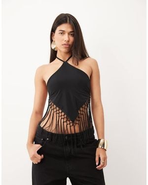 ASOS Slinky Fringed Hanky Hem Halter Top - Black