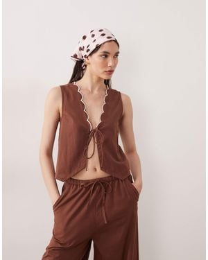 esmé studios Esmee Tie Front Beach Top With Cream Scallop Trim - Brown