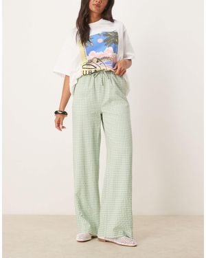 Threadbare Pantalon large à carreaux vichy avec liens à la taille - sauge et blanc