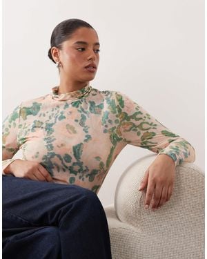 ARRANGE Curve Premium Mesh Abstract Floral Printed High Neck Long Sleeve Top - Multicolor