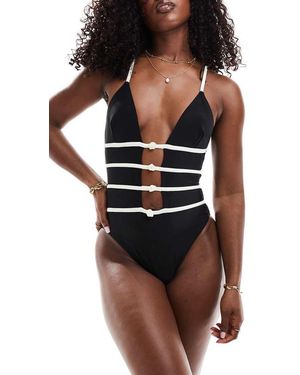 Kaiia Plunge Cut Out Rose Details Swimsuit - Black