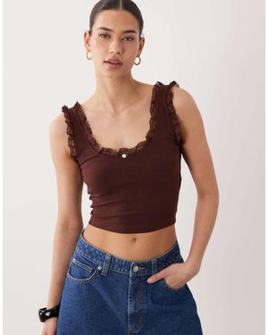 Miss Selfridge Ribbed Vest Top With Lace Detail - Blue