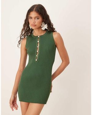 SNDY'S Ribbed Knit Pearl Cut Out Detail Mini Dress - Green