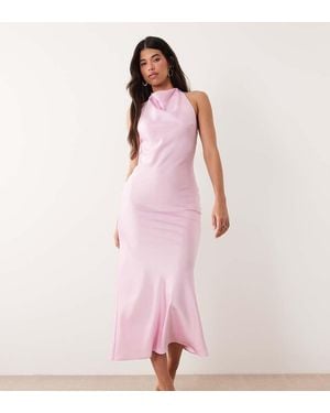 Kaiia Exclusive Satin High Cowl Neck Lace Back Detail Maxi Dress - Pink