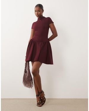Kaiia Exclusive High Neck Short Sleeve Fit And Flare Basque Dropped Waist Detail Mini Dress - Red
