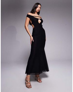 Tiger Mist Kerrigan Bardot Keyhole Open Back Strap Detail Fishtail Maxi Dress - Black