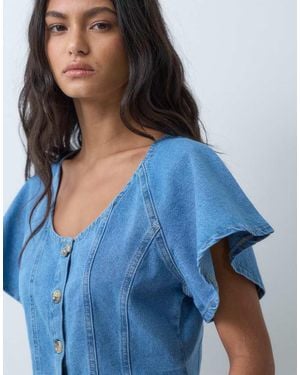 Miss Selfridge Frill Sleeve Denim Top - Blue